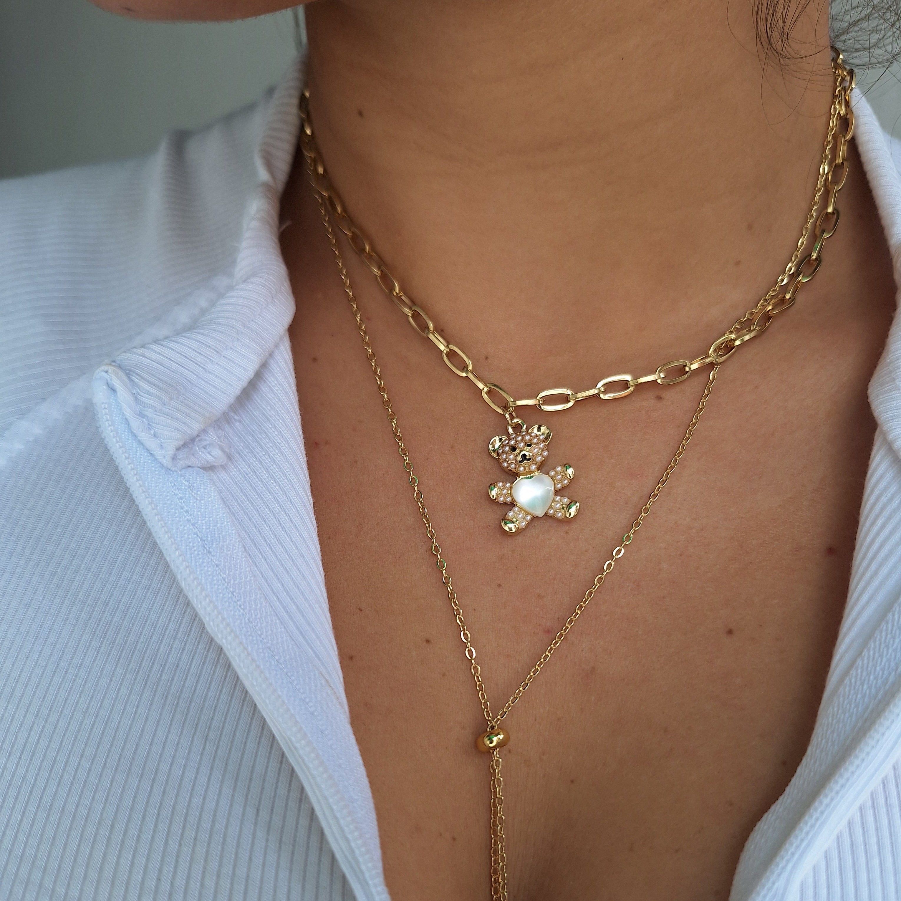 Collar Doble Oso Corazón | Oro Chino Dorado