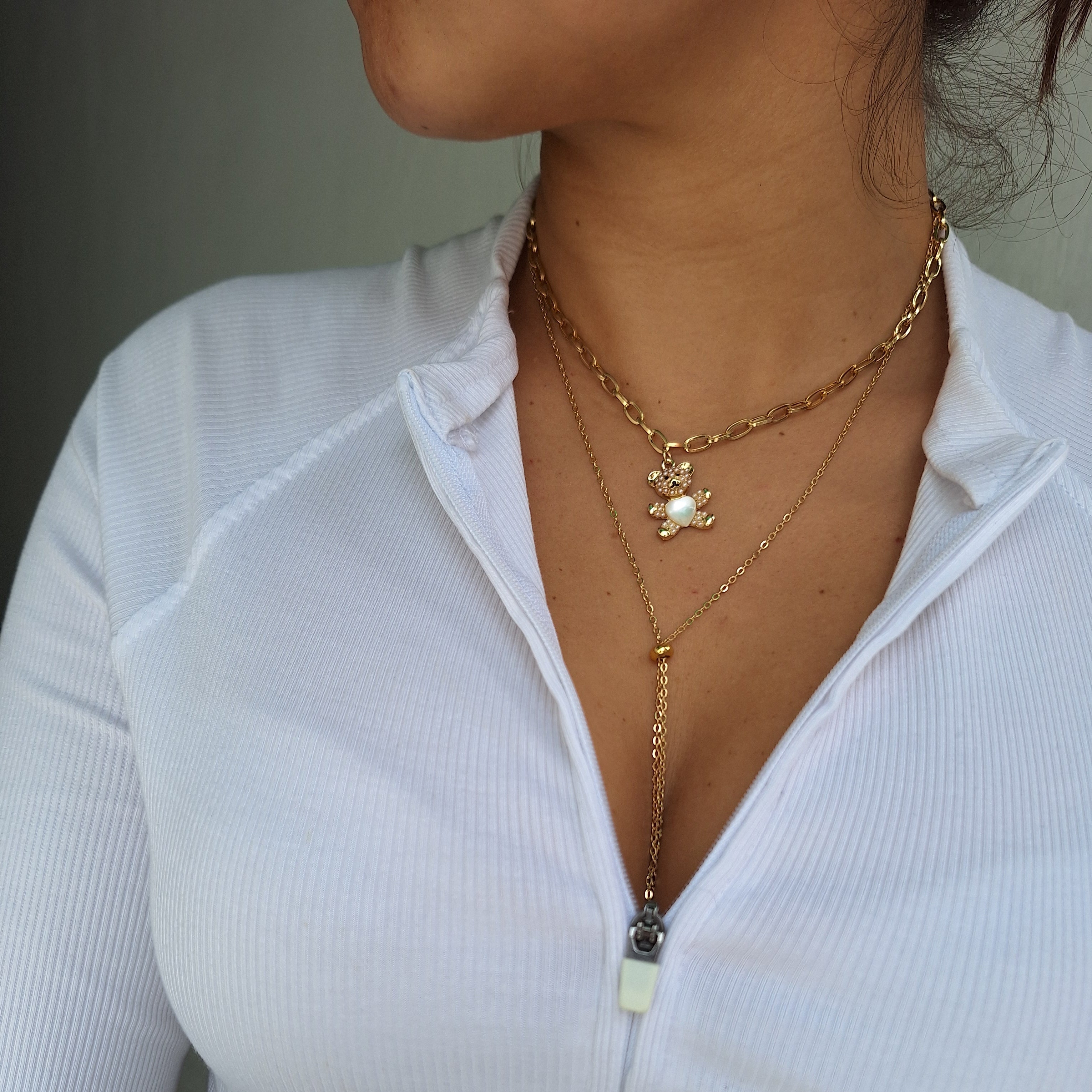 Collar Doble Oso Corazón | Oro Chino Dorado