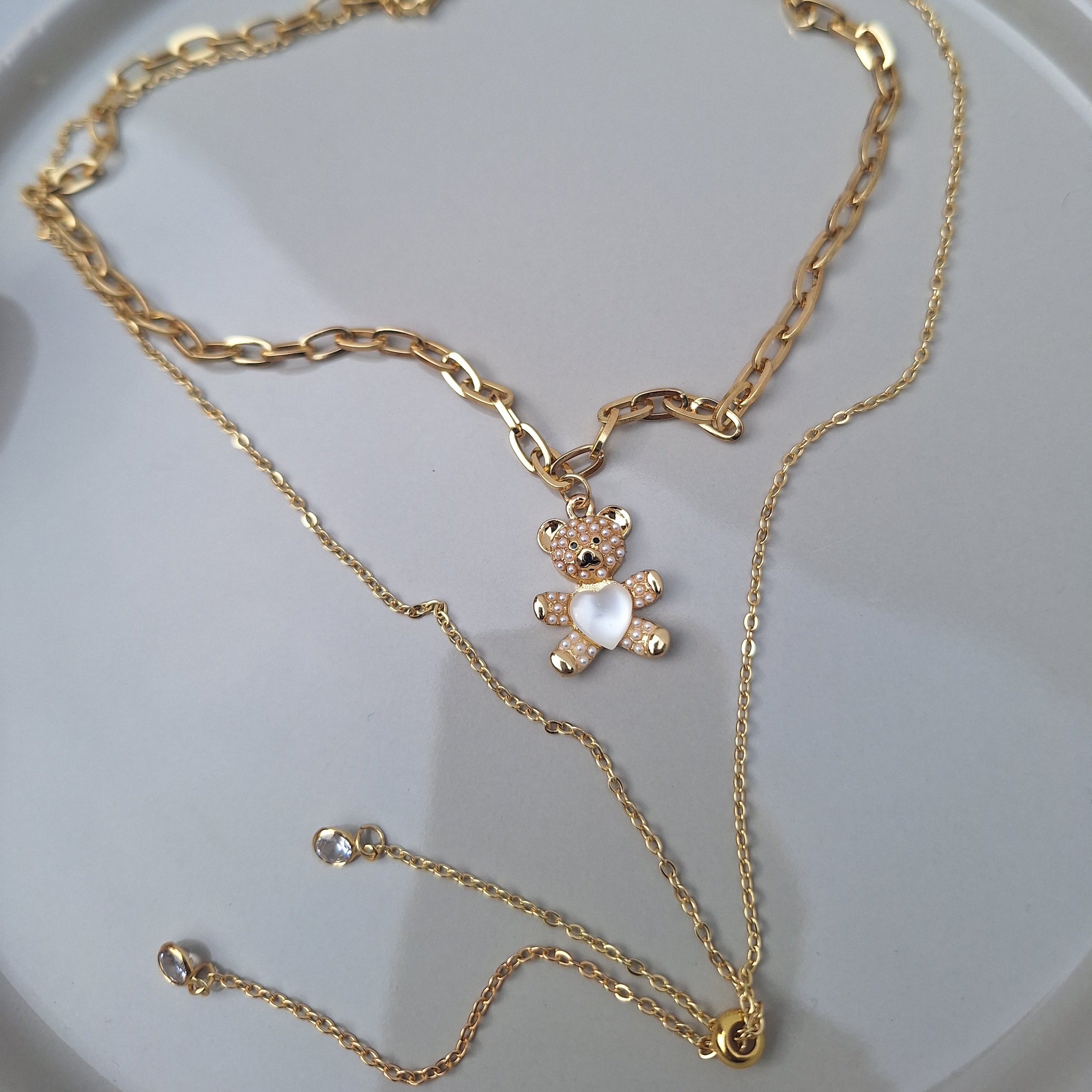 Collar Doble Oso Corazón | Oro Chino Dorado