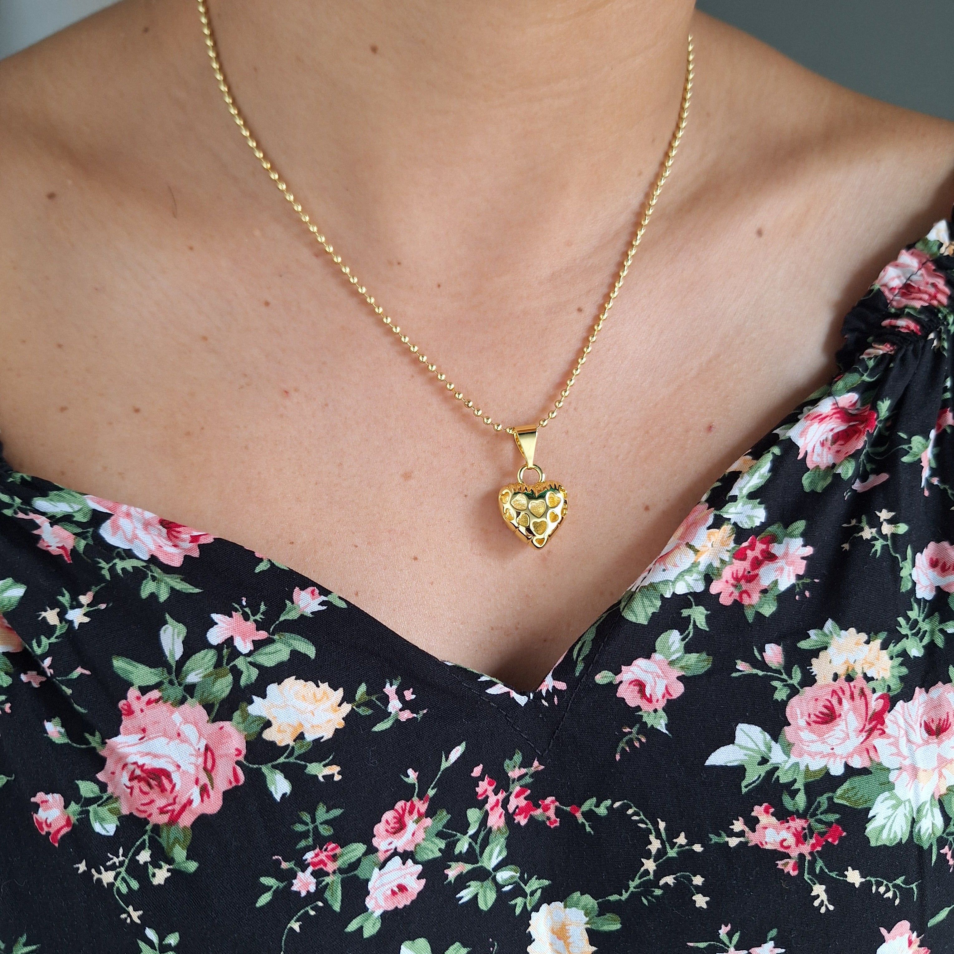 Collar Corazón Balines Hueco | Oro Chino Dorado