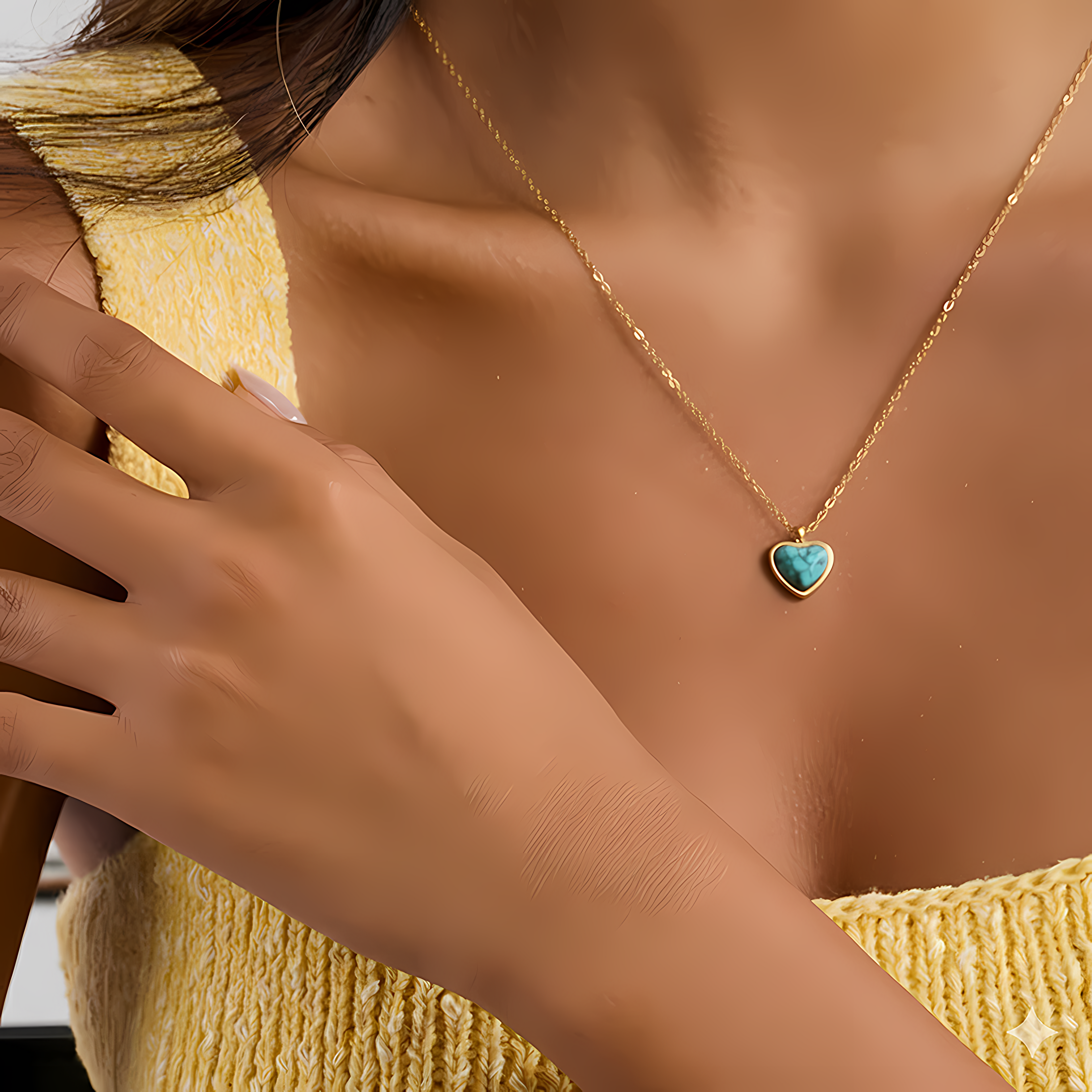 Collar con 1 Dije de Corazón Turquesa | Dorado