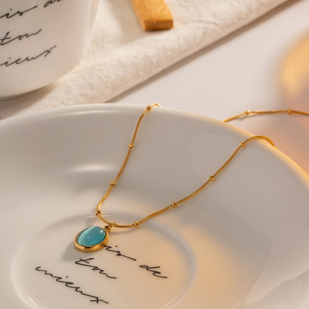 Collar Cadena Puntos con Dije Azul Ojo de Gato | Dorado