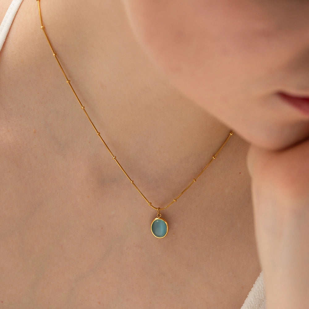 Collar Cadena Puntos con Dije Azul Ojo de Gato | Dorado