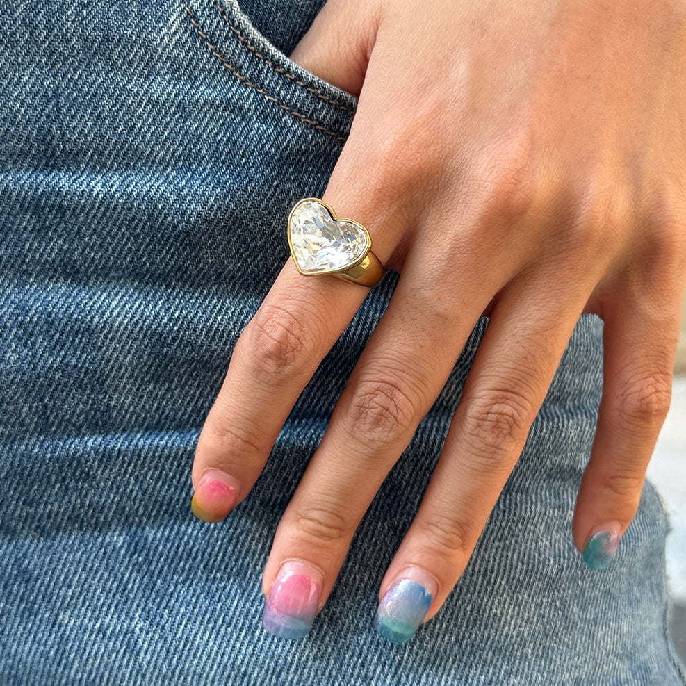 Anillo Grande Corazon Brillante Blanco | Dorado