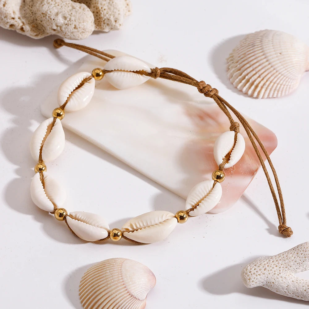 Pulsera Tobillera de Caracoles Naturales y Esferas | Dorado