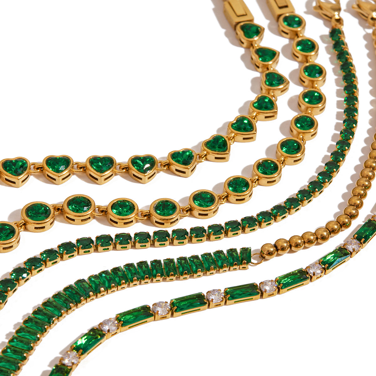 Pulsera Corazones Circonia Verde Esmeralda | Dorado