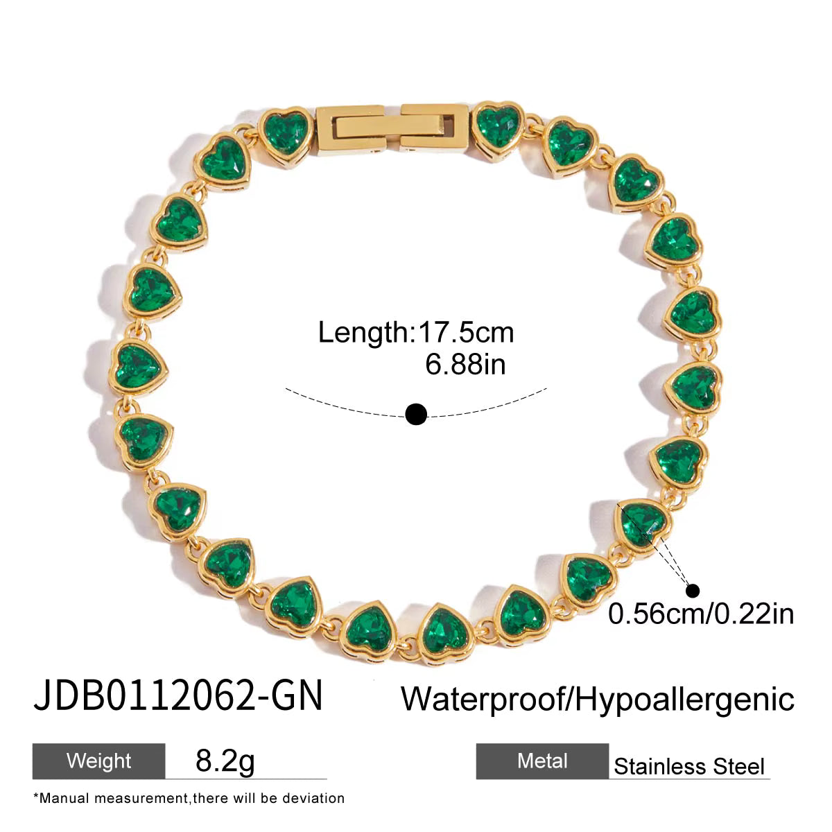 Pulsera Corazones Circonia Verde Esmeralda | Dorado