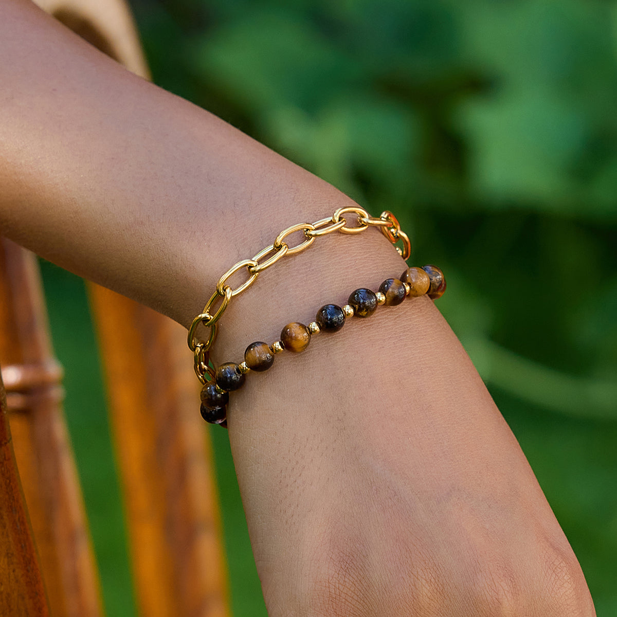 Pulsera Doble Dorada - Puntos Marrón | Dorado