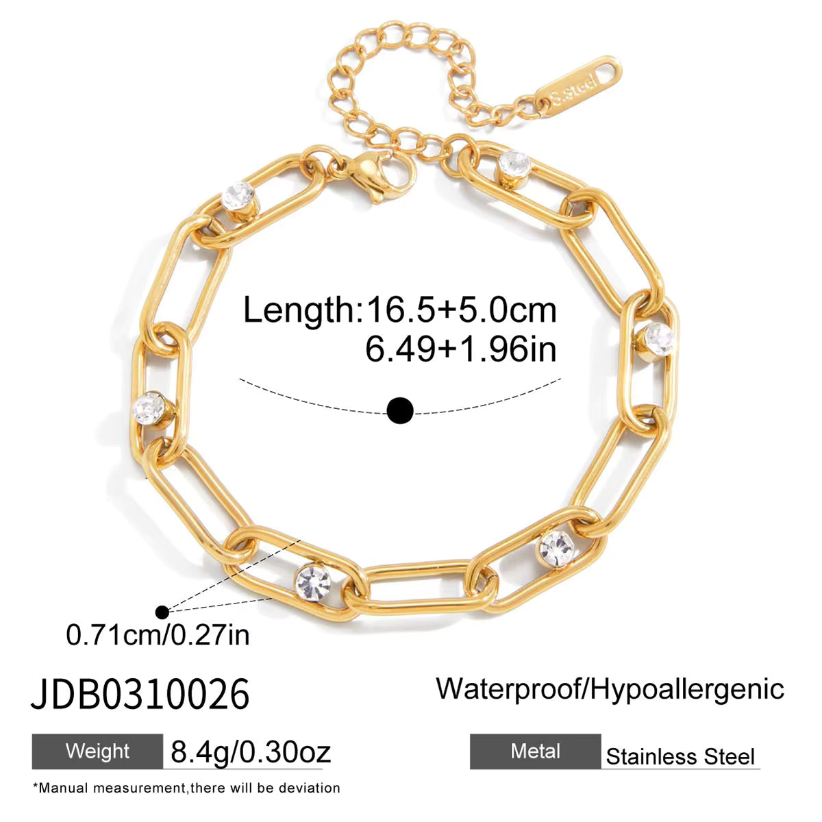 Pulseras de Eslabones Rectangulares Con Cristales Brillantes | Dorado