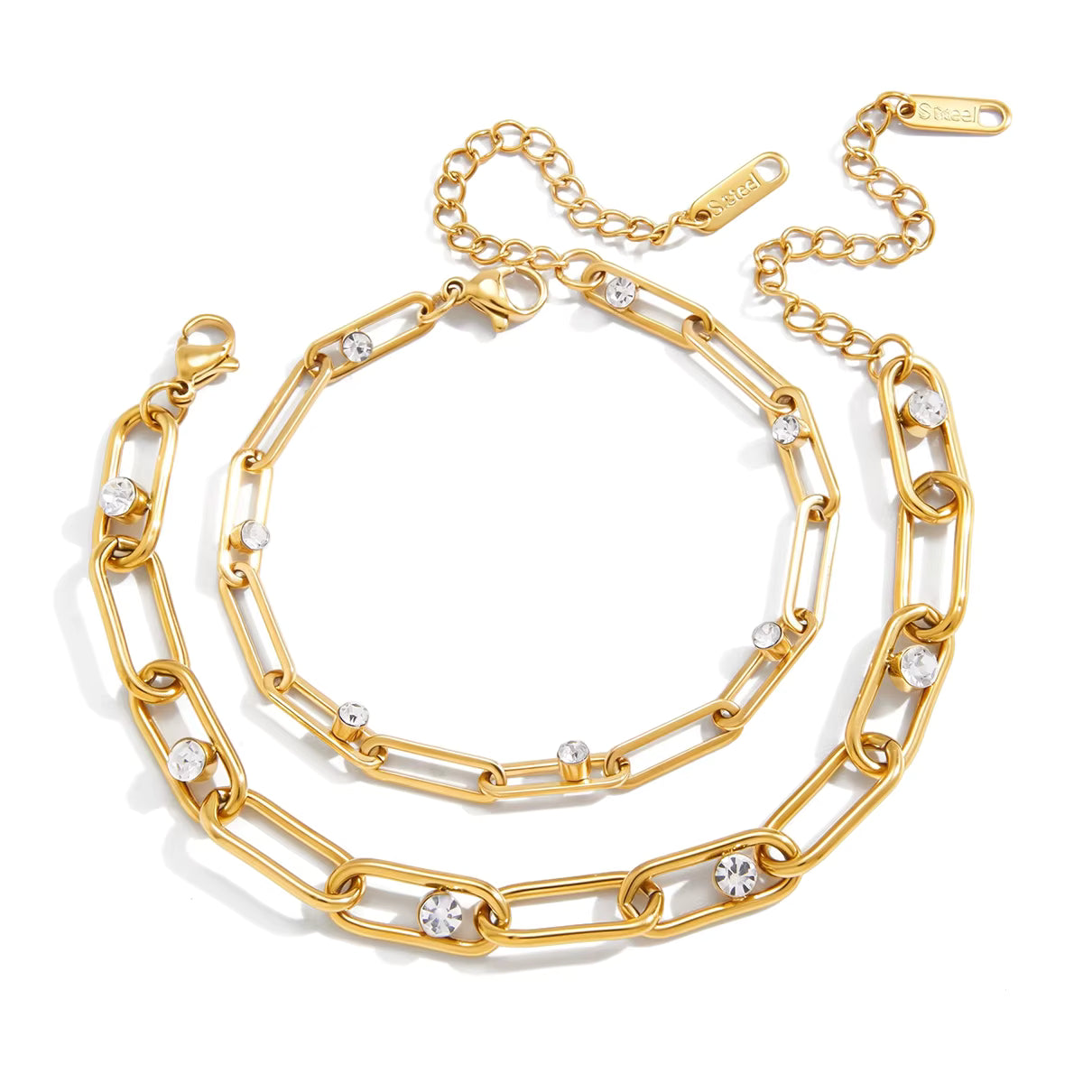 Pulseras de Eslabones Rectangulares Con Cristales Brillantes | Dorado
