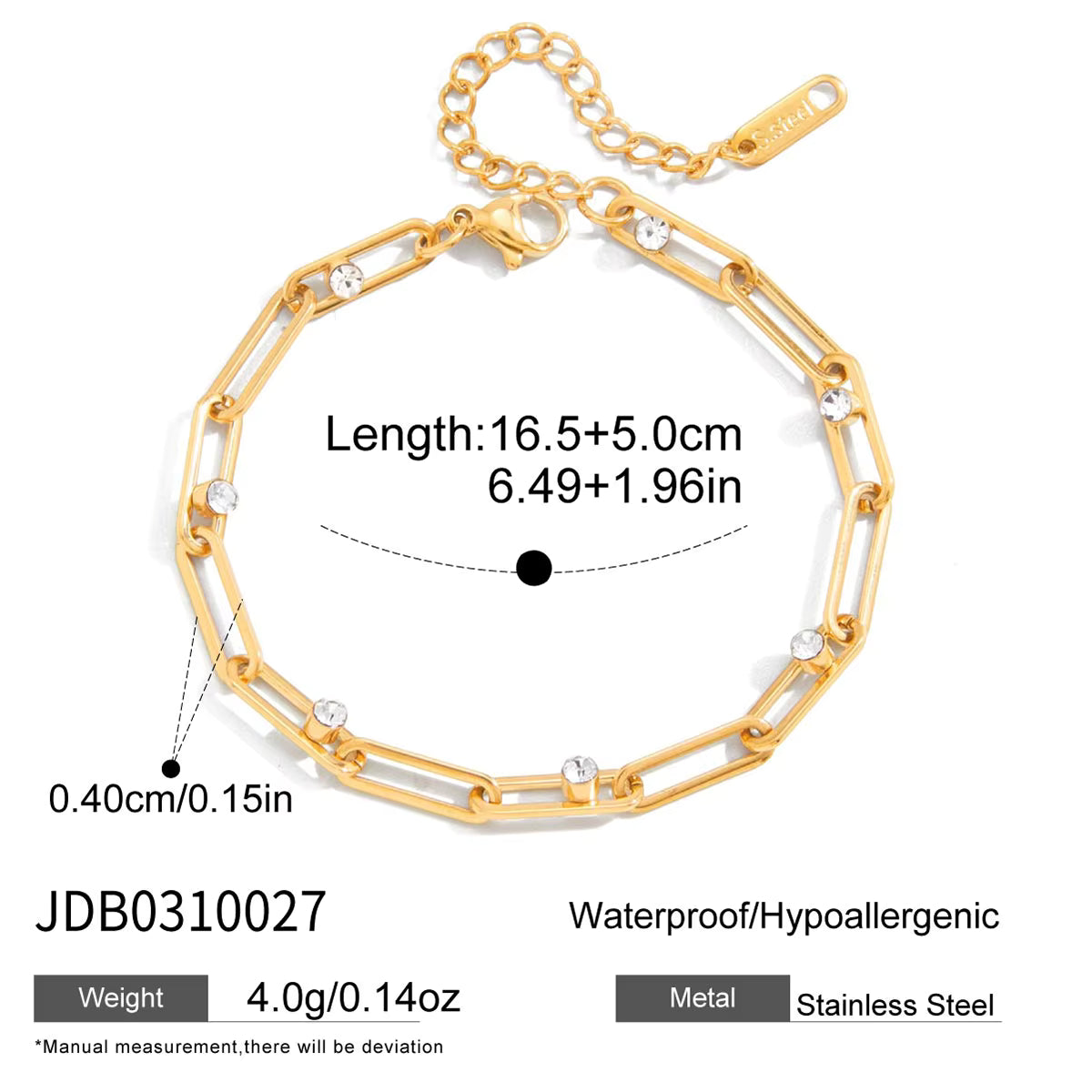 Pulseras de Eslabones Rectangulares Con Cristales Brillantes | Dorado