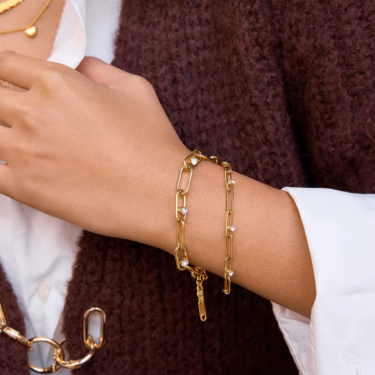 Pulseras de Eslabones Rectangulares Con Cristales Brillantes | Dorado