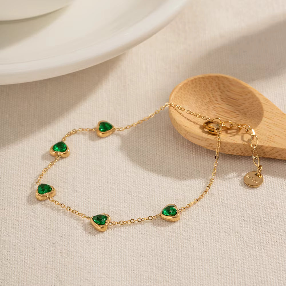 Pulsera dijes de 5 Corazón Esmeralda | Dorado