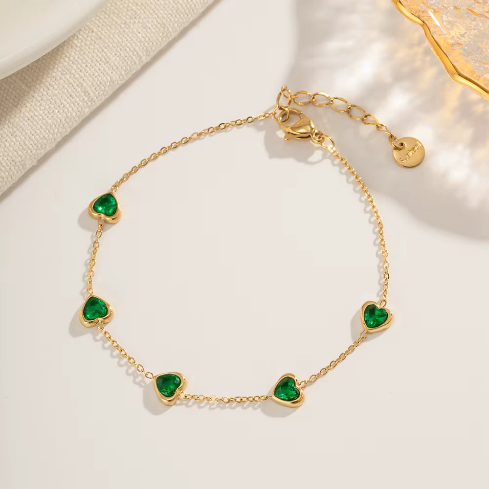 Pulsera dijes de 5 Corazón Esmeralda | Dorado