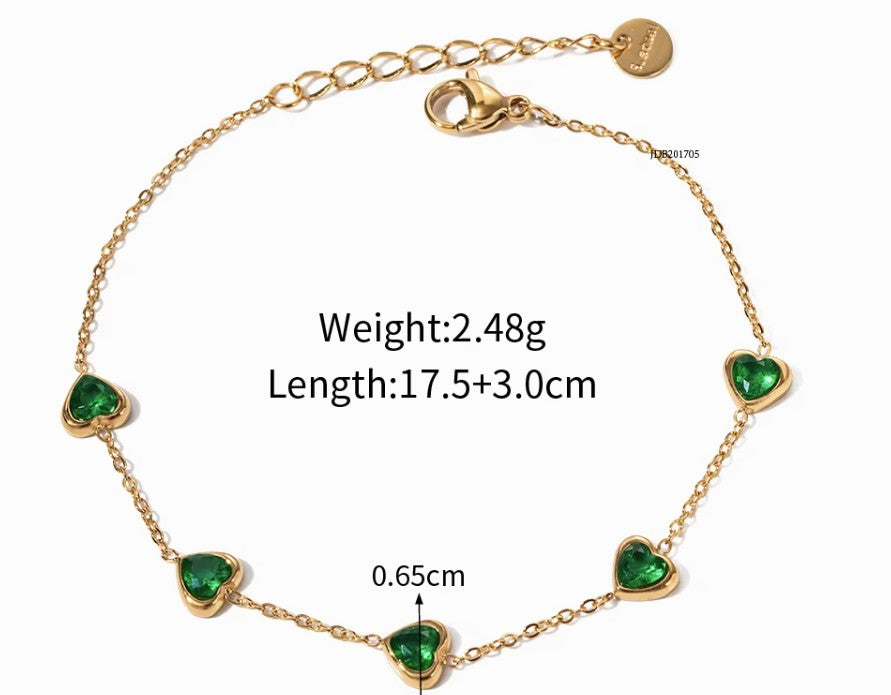 Pulsera dijes de 5 Corazón Esmeralda | Dorado