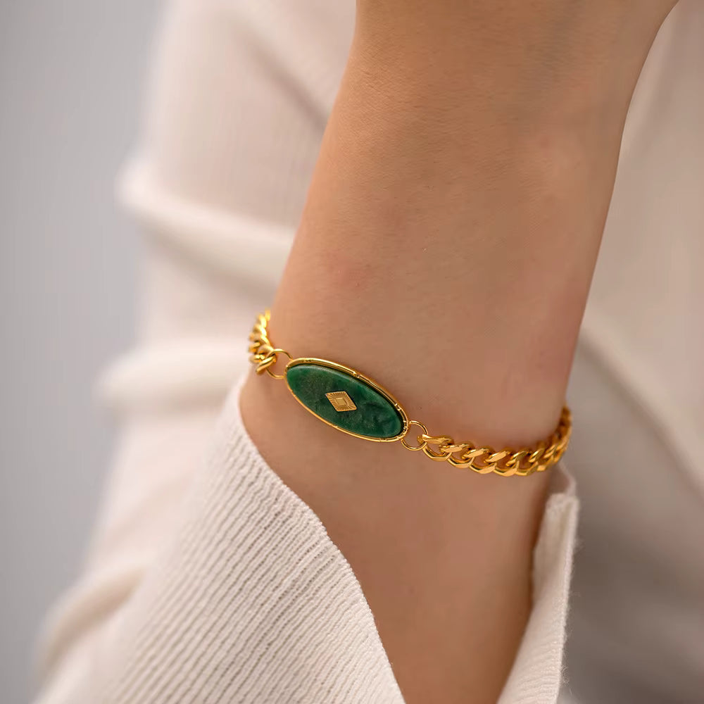 Pulsera Dije Oval Verde | Dorado