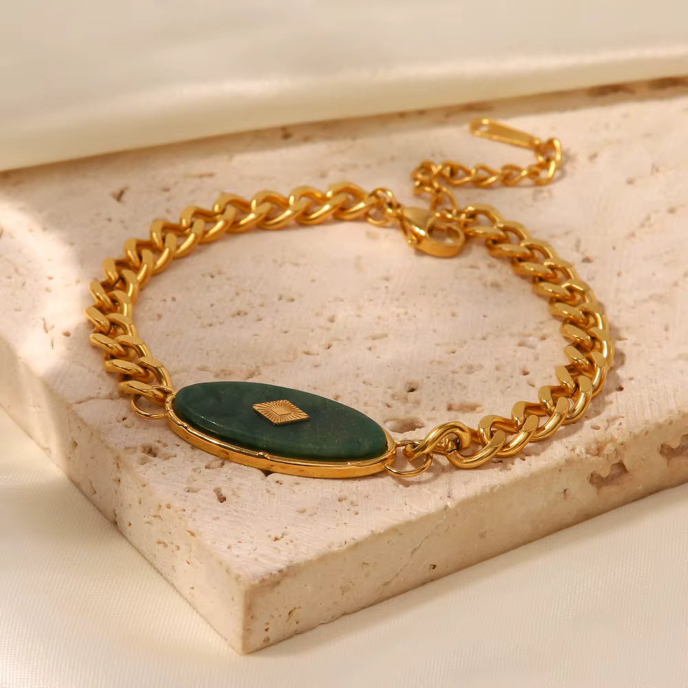 Pulsera Dije Oval Verde | Dorado