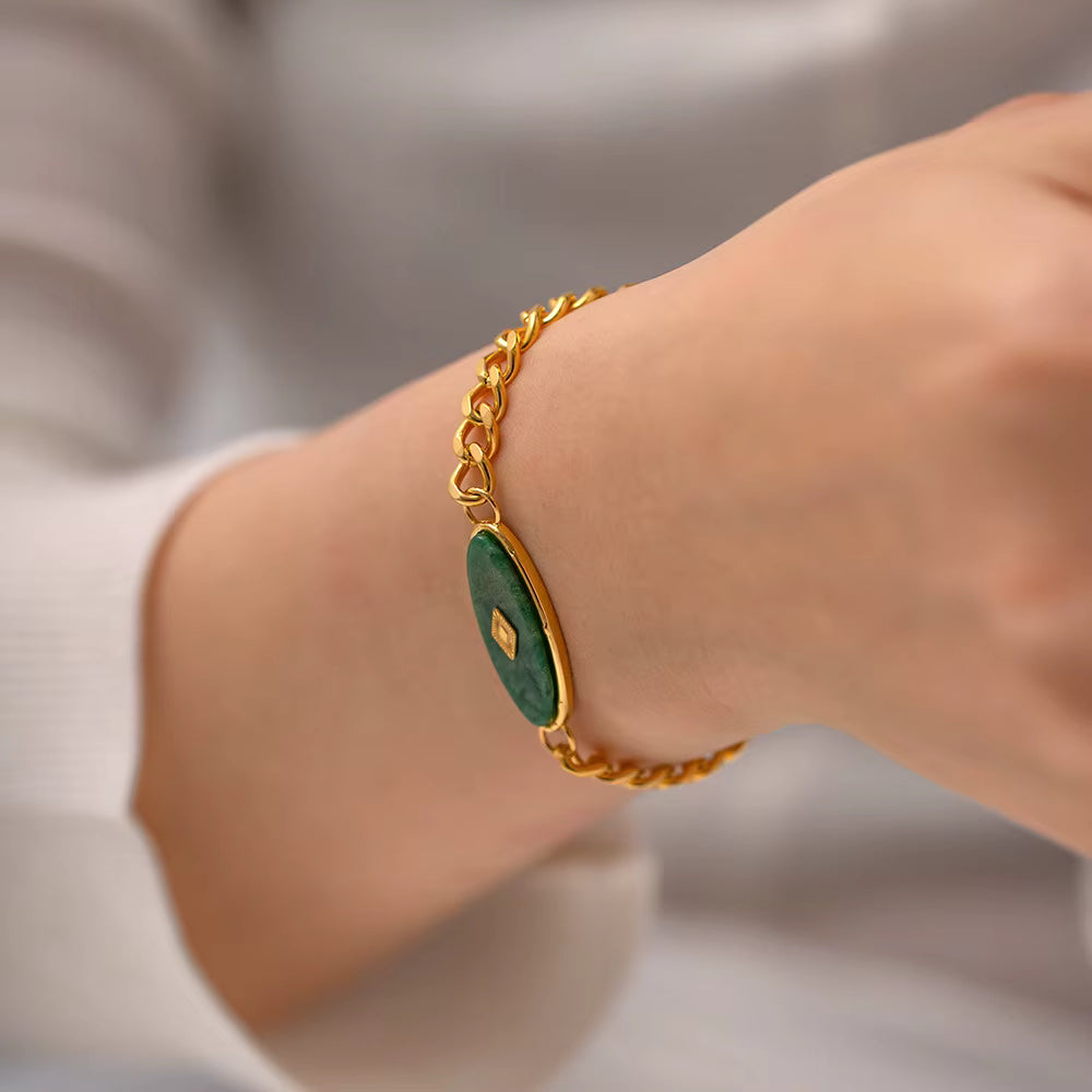 Pulsera Dije Oval Verde | Dorado