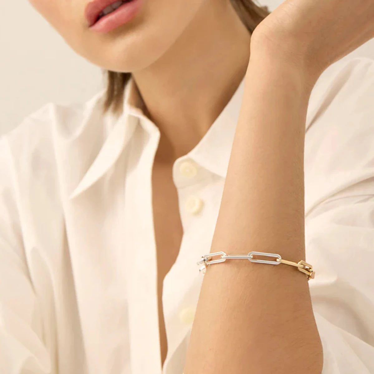 Pulsera De Eslabones Rectangulares Estilo Paperclip Minimalista | Bicolor