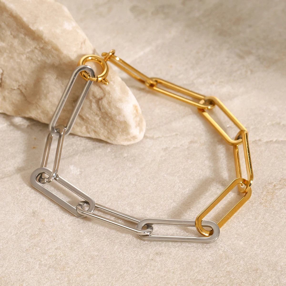 Pulsera De Eslabones Rectangulares Estilo Paperclip Minimalista | Bicolor