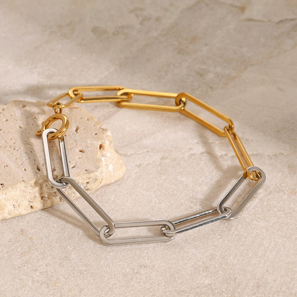 Pulsera De Eslabones Rectangulares Estilo Paperclip Minimalista | Bicolor