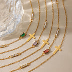 Pulseras Dúo Minimalista Con Dije De Cruz Y Cristal | Dorado