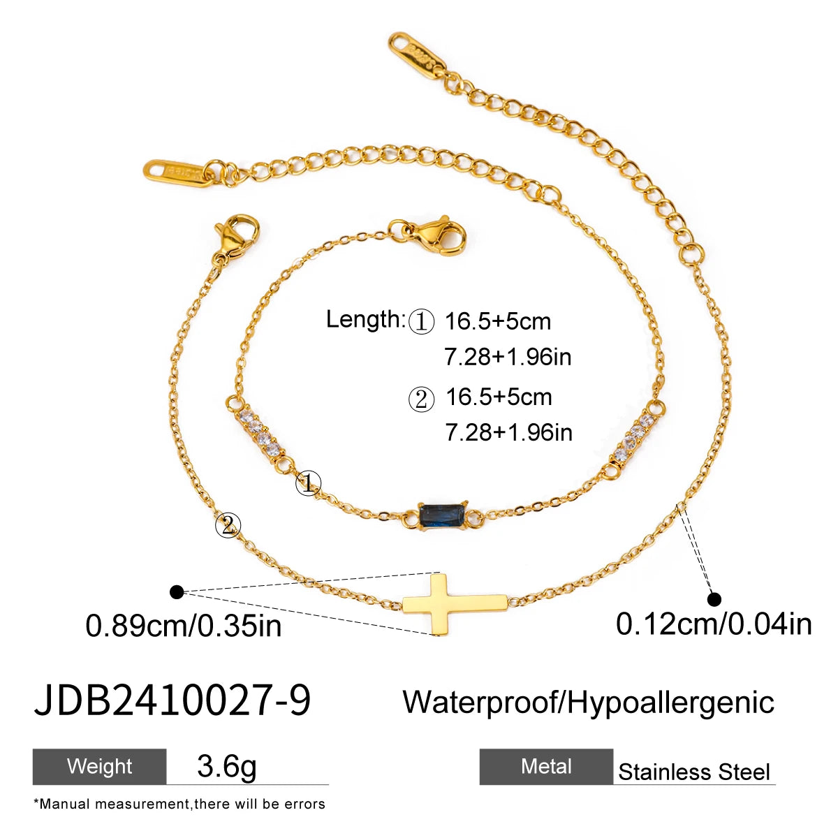 Pulseras Dúo Minimalista Con Dije De Cruz Y Cristal | Dorado