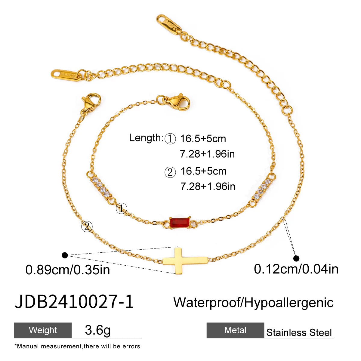 Pulseras Dúo Minimalista Con Dije De Cruz Y Cristal | Dorado