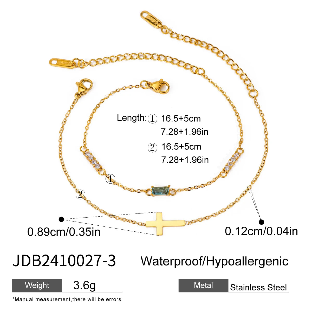 Pulseras Dúo Minimalista Con Dije De Cruz Y Cristal | Dorado