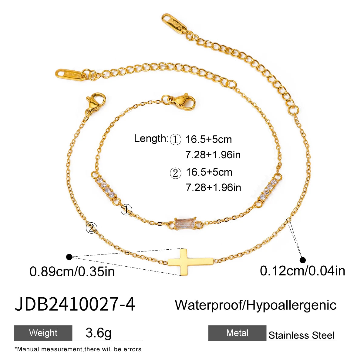 Pulseras Dúo Minimalista Con Dije De Cruz Y Cristal | Dorado