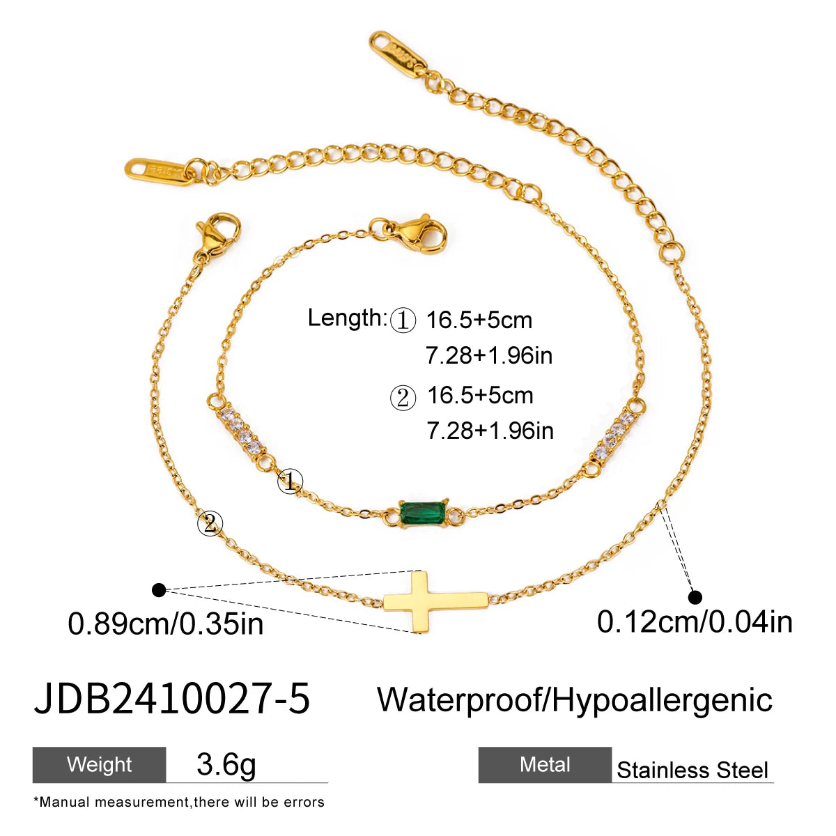 Pulseras Dúo Minimalista Con Dije De Cruz Y Cristal | Dorado