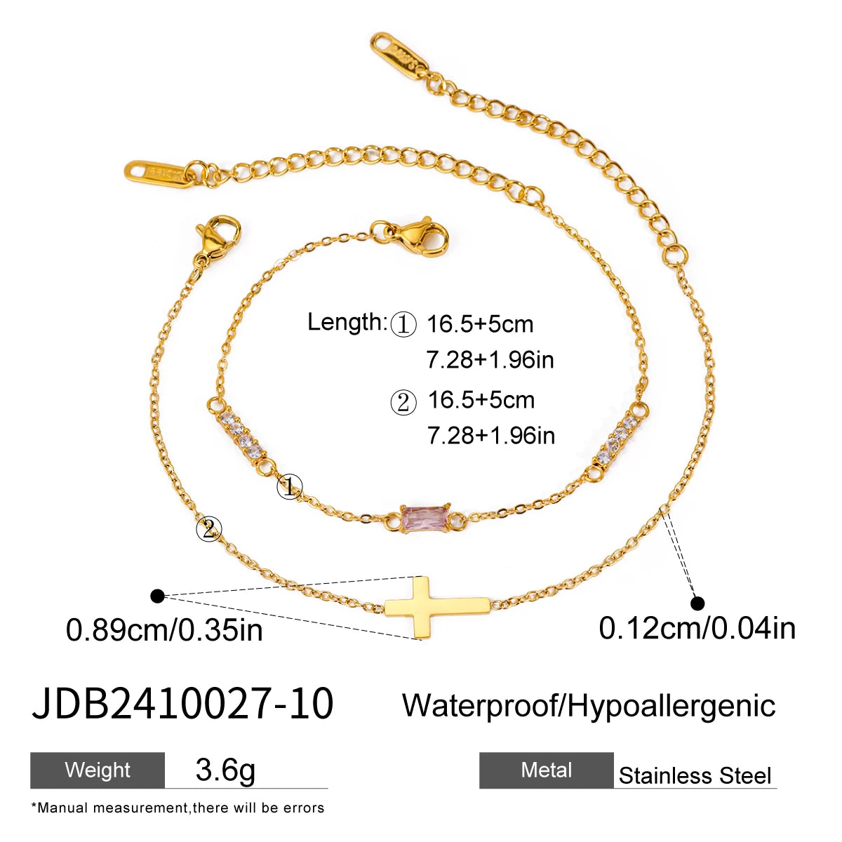 Pulseras Dúo Minimalista Con Dije De Cruz Y Cristal | Dorado