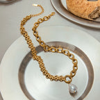 Collar Grueso Cadena Mixta Dije Perla | Dorado