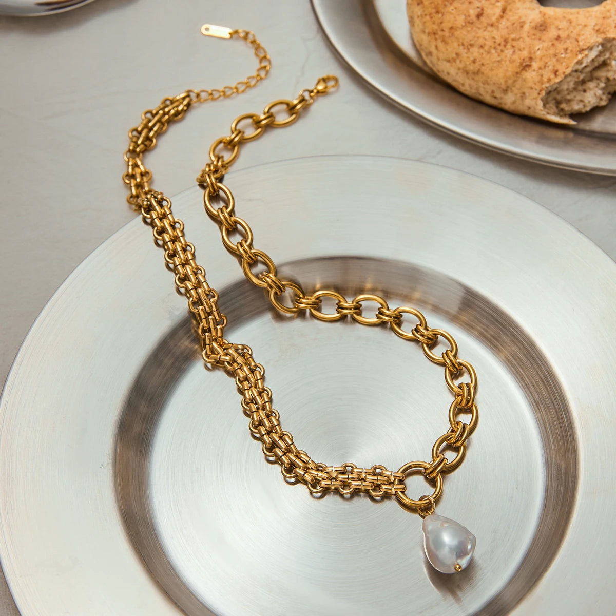 Collar Grueso Cadena Mixta Dije Perla | Dorado