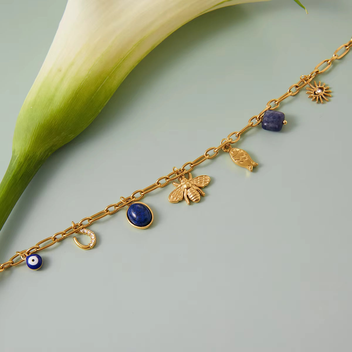 Collar Multijes Abeja Pez Ojoturco Azul | Dorado