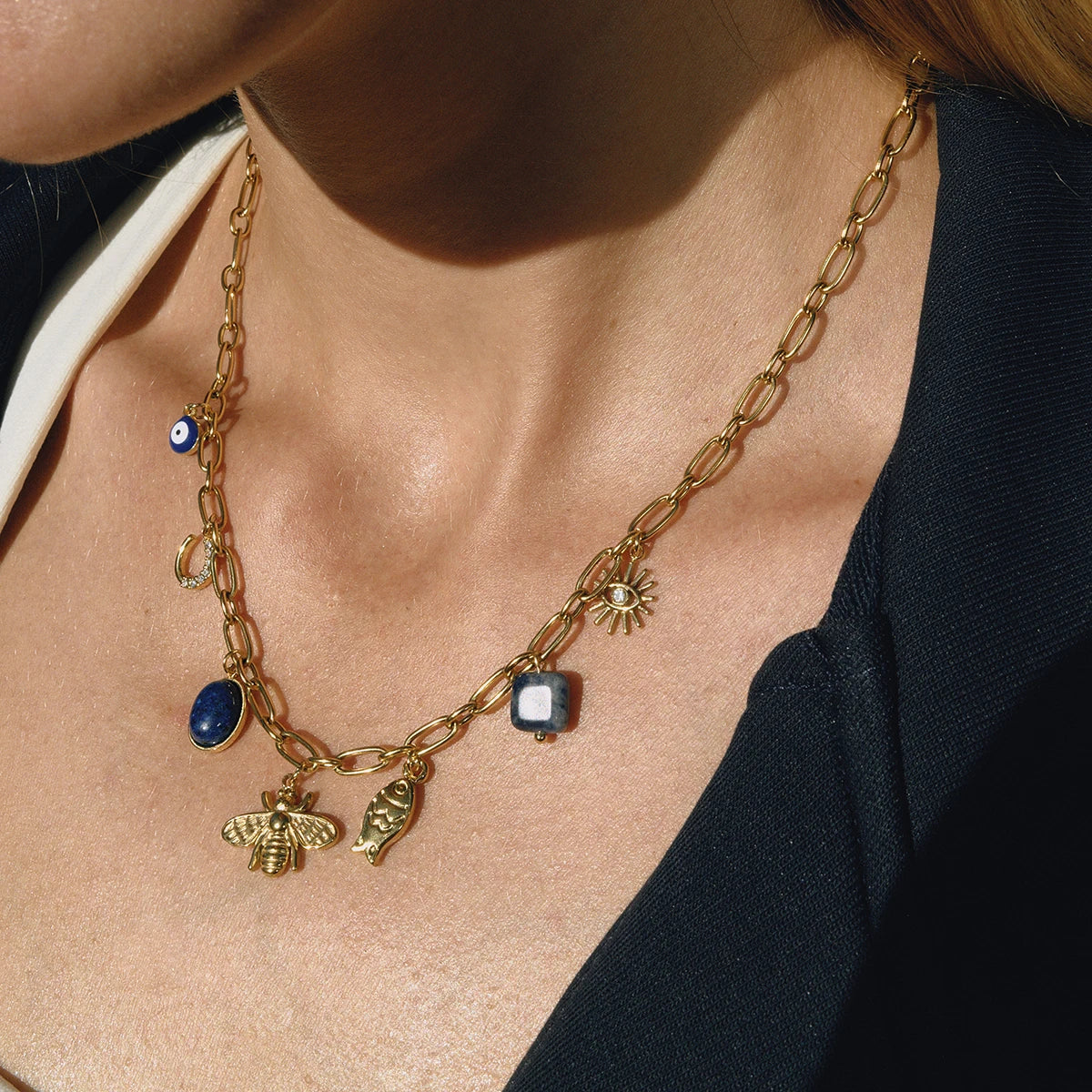 Collar Multijes Abeja Pez Ojoturco Azul | Dorado