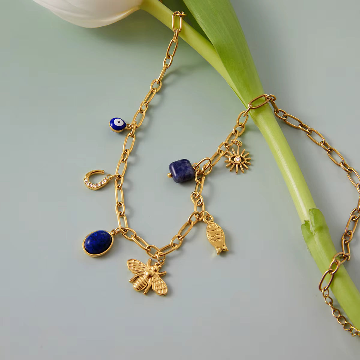Collar Multijes Abeja Pez Ojoturco Azul | Dorado