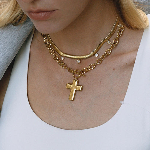 Collar Grueso Dije de Cruz - Dorado