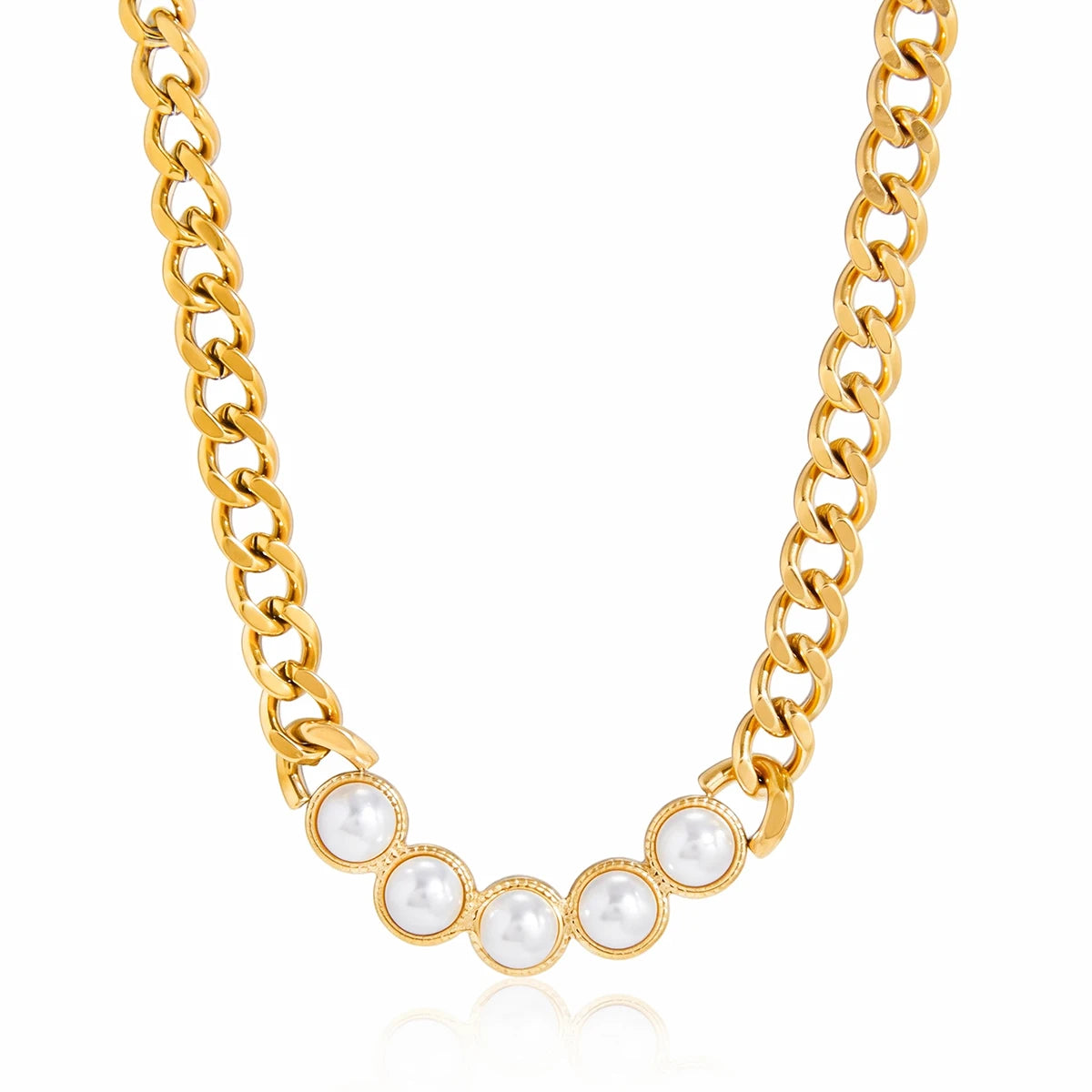 Collar Cubana Gruesa Dijes Puntos Perlados | Dorado