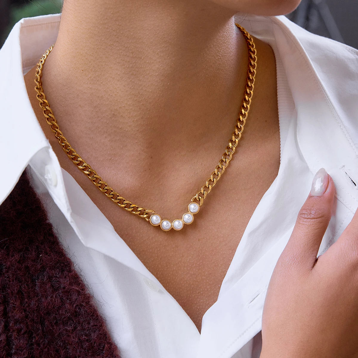 Collar Cubana Gruesa Dijes Puntos Perlados | Dorado