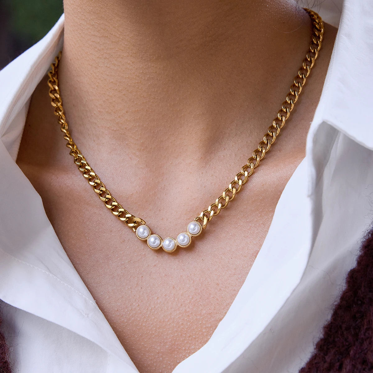 Collar Cubana Gruesa Dijes Puntos Perlados | Dorado
