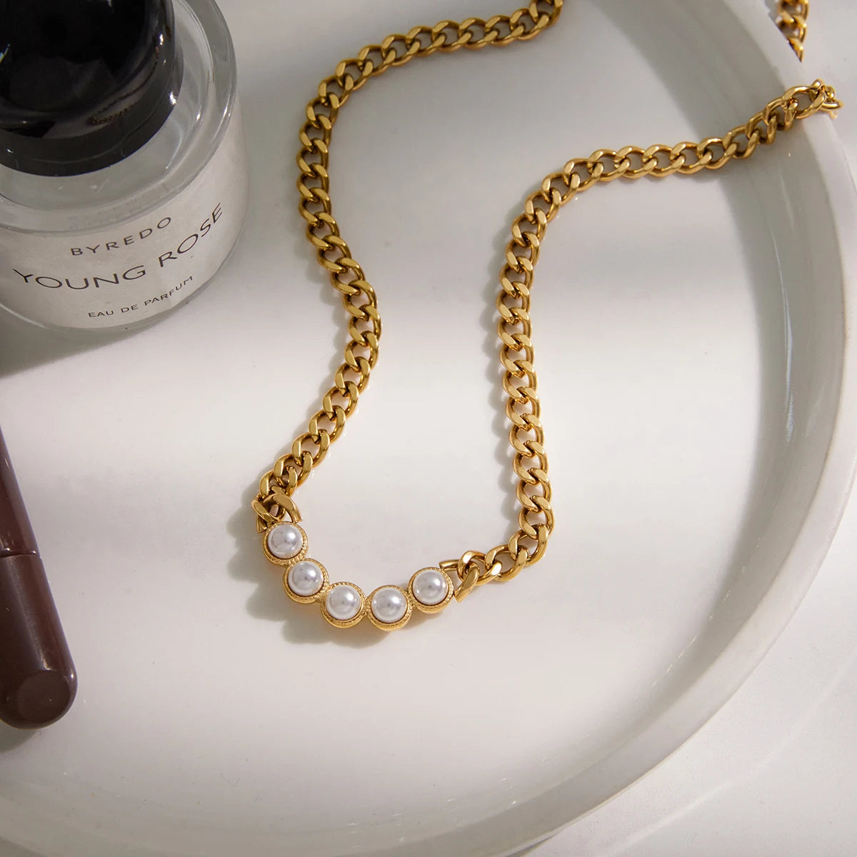 Collar Cubana Gruesa Dijes Puntos Perlados | Dorado