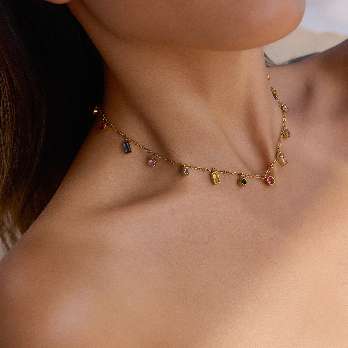 Collar Multijes Circonia Colores | Dorado