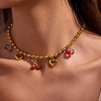 Collar Multi Dijes Rojo Cereza Cadena Puntos | Dorado