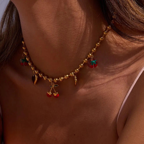 Collar Multi Dijes Rojo Cereza Cadena Puntos | Dorado