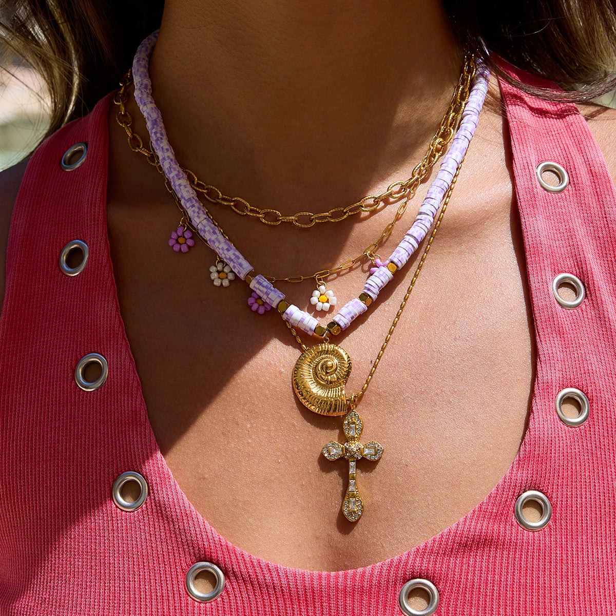 Collar 5 Dijes Flores Purpura | Dorado