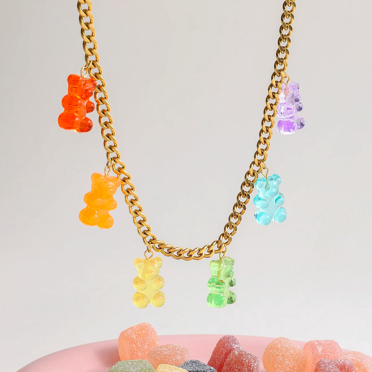 Collar Cadena Cubana Con Osos Colores | Dorado