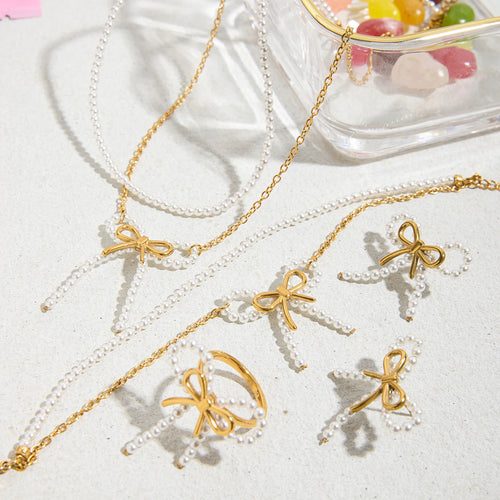 Collar Doble Lazos Blanco Perlas | Dorado