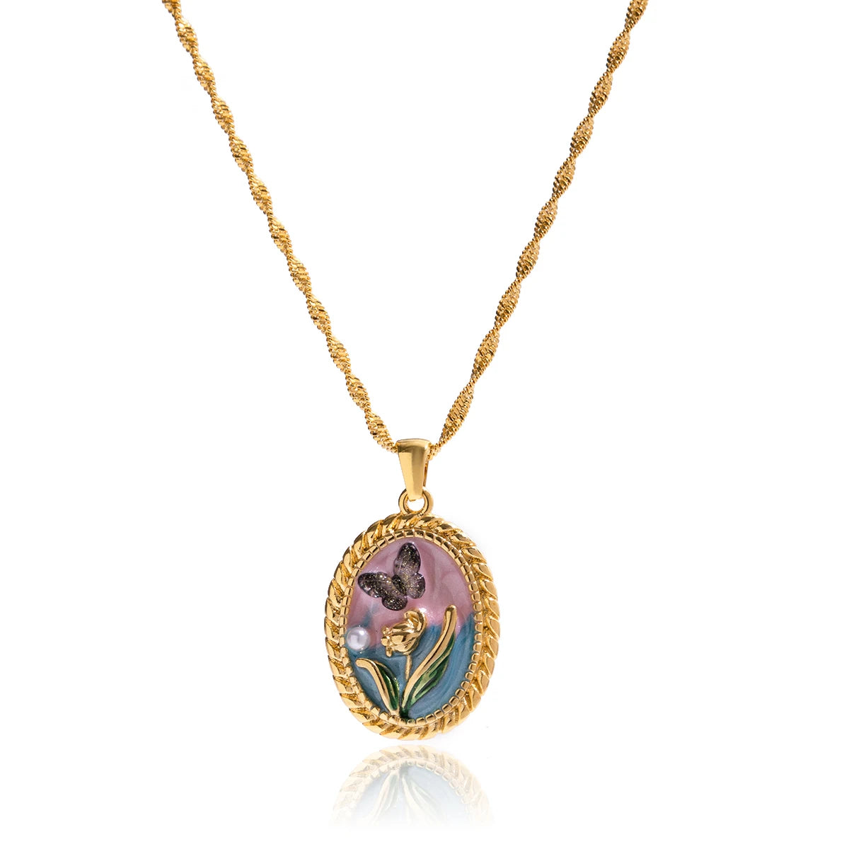 Collar Dije Esmaltado Mariposa Flor - Dorado
