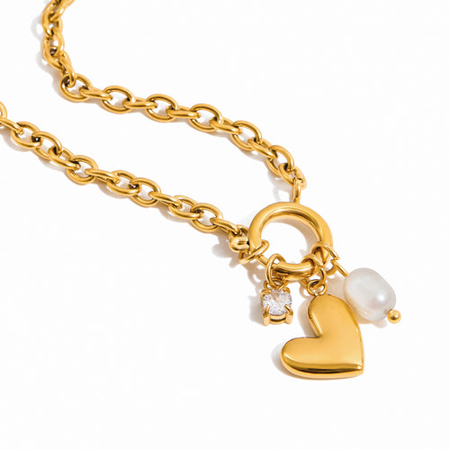 Collar 3 Dijes - Perla, Borla y Corazón | Dorado